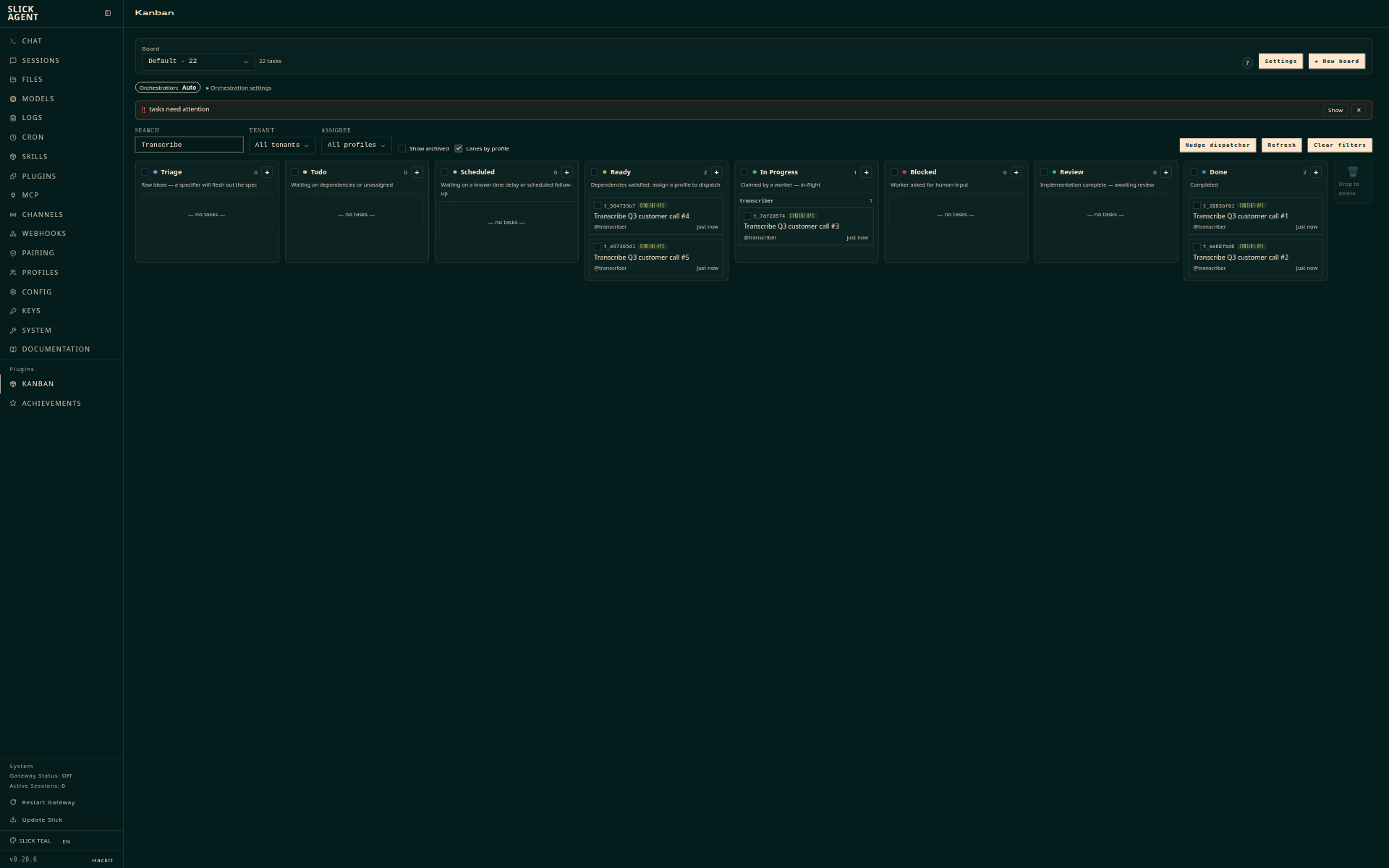 Fleet view filtered to transcribe tasks