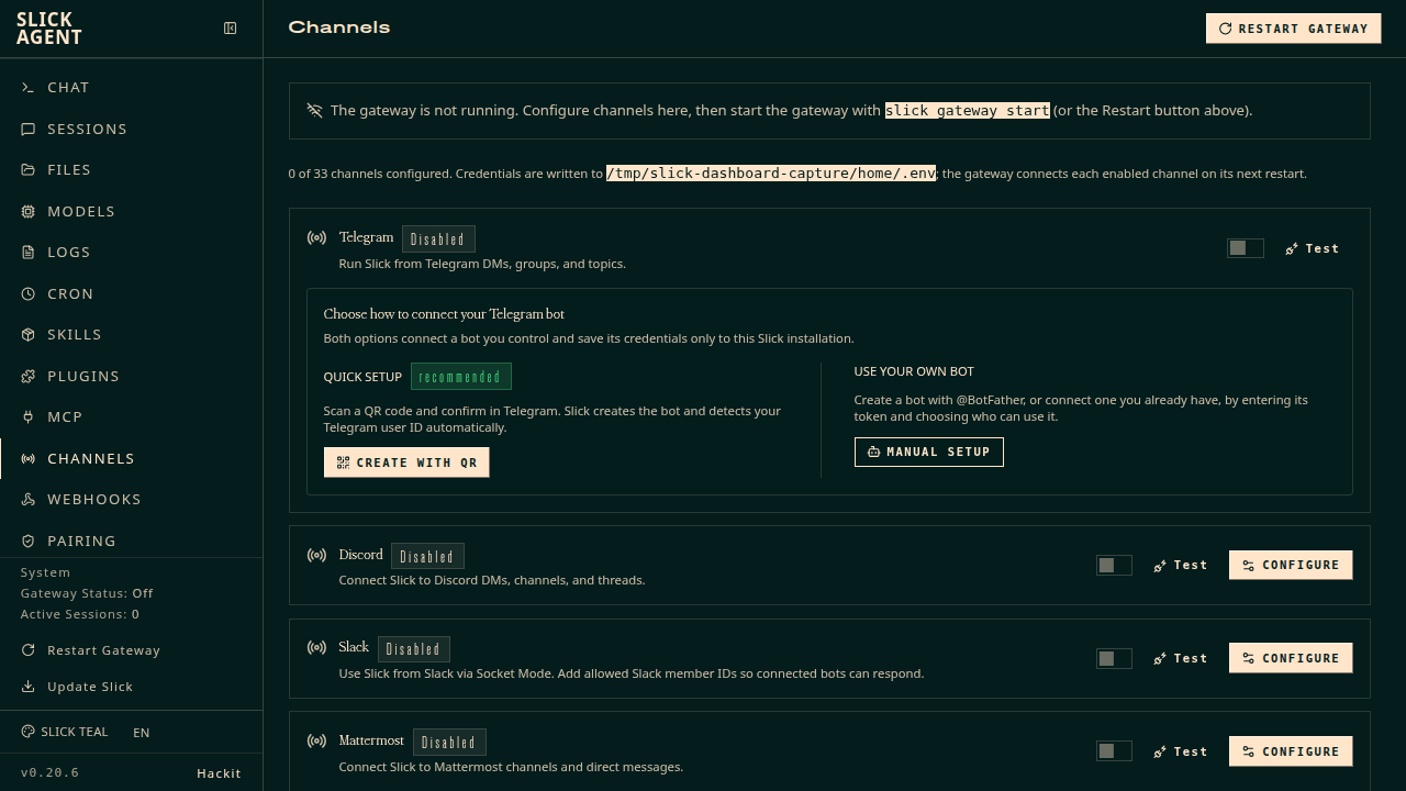 Channels admin page — every messaging platform with status, enable toggles, and per-platform setup forms