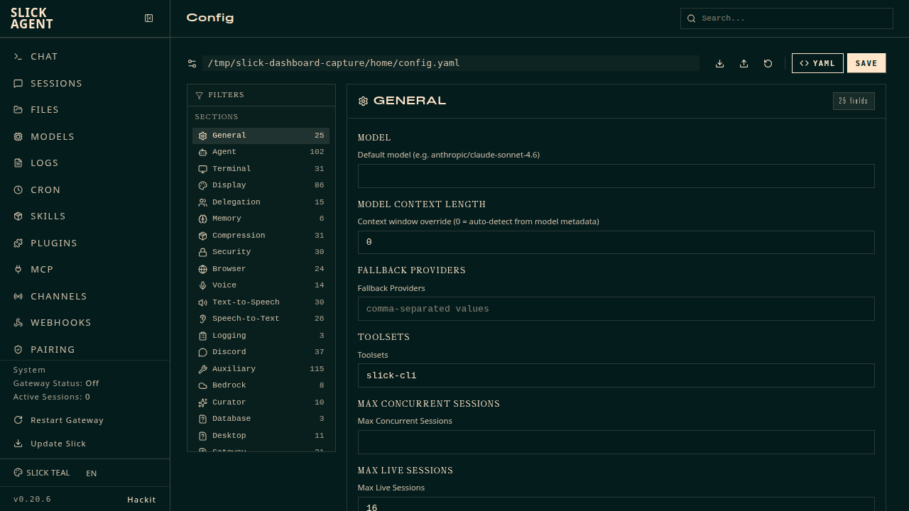 Config admin page — section filters on the left, auto-discovered fields on the right