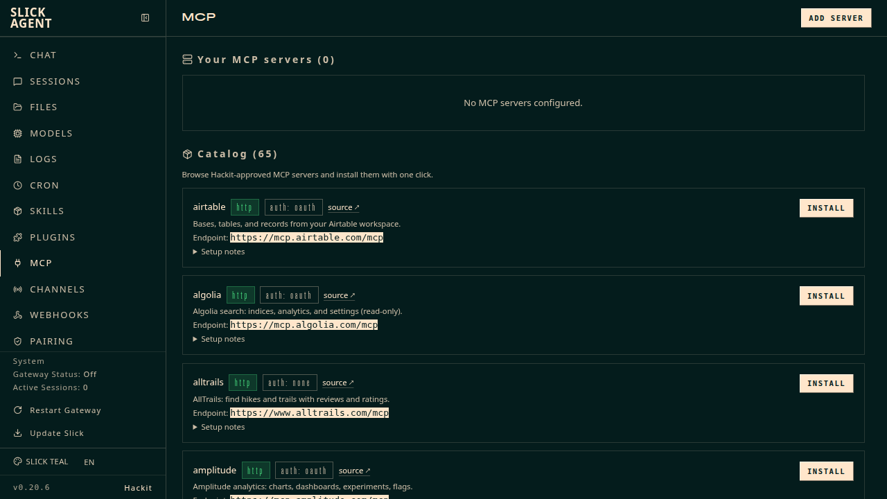 MCP admin page — your servers with enable/disable toggles, plus the install catalog