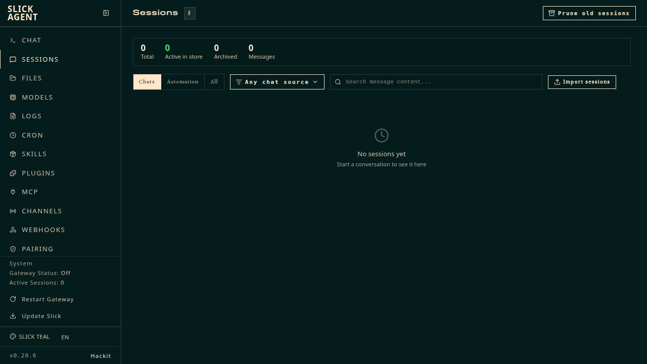 Sessions admin page — stats bar, prune, and per-row rename / export / delete