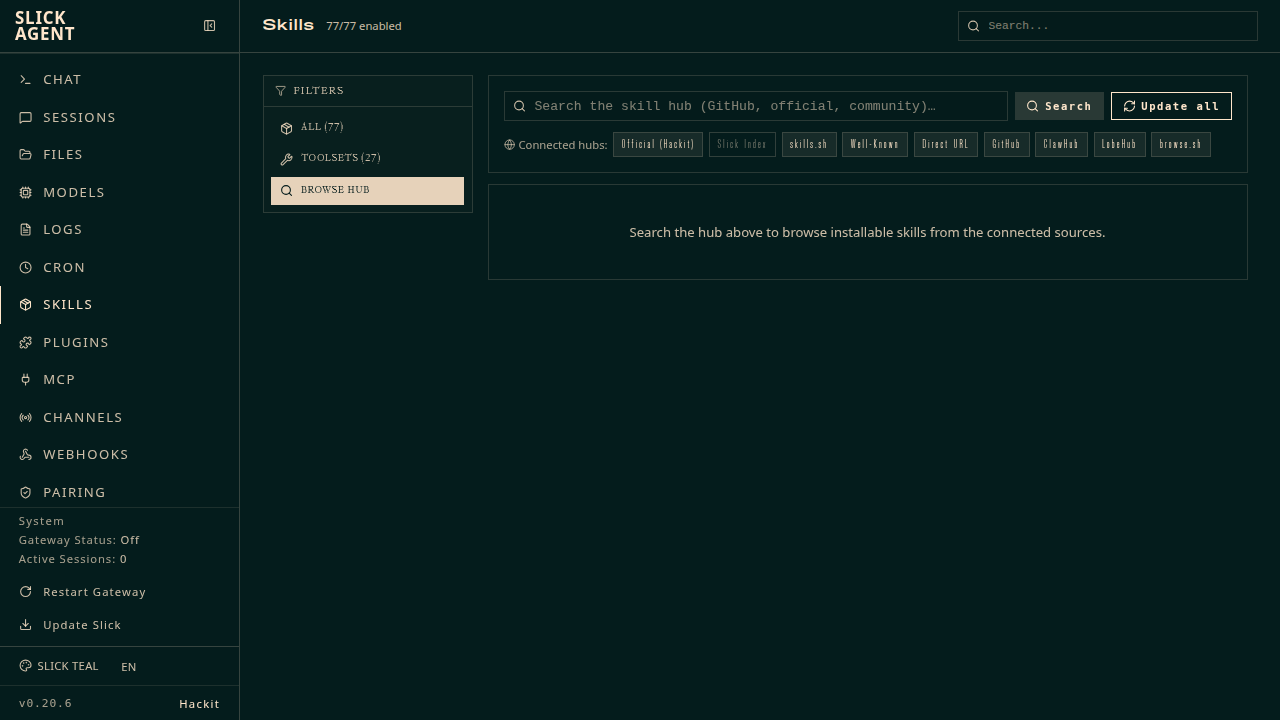 Skills admin page — the Browse hub view: search, install, and update