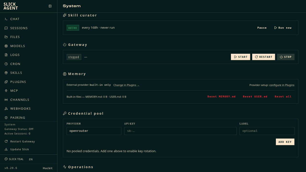 System admin page — skill curator, gateway, memory, and credential pool