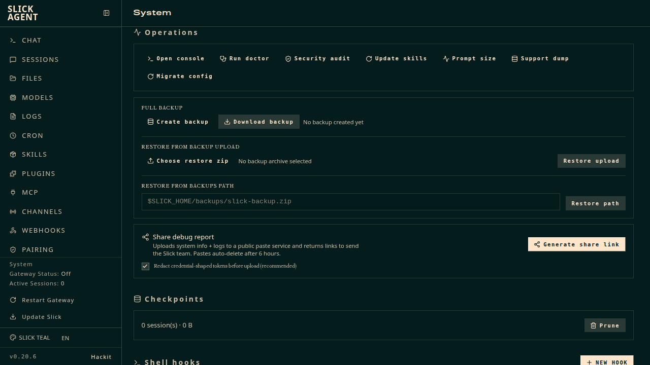 System admin page — operations, checkpoints, and shell hooks
