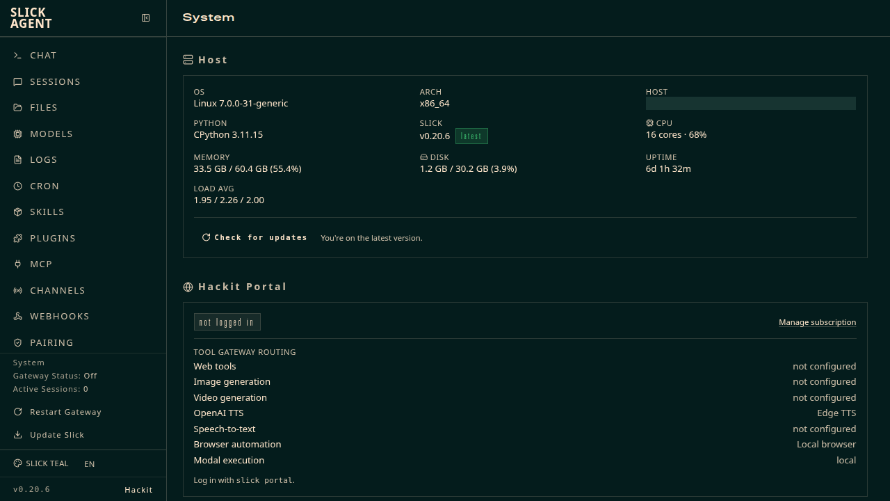 System admin page — host stats and Hackit Portal status