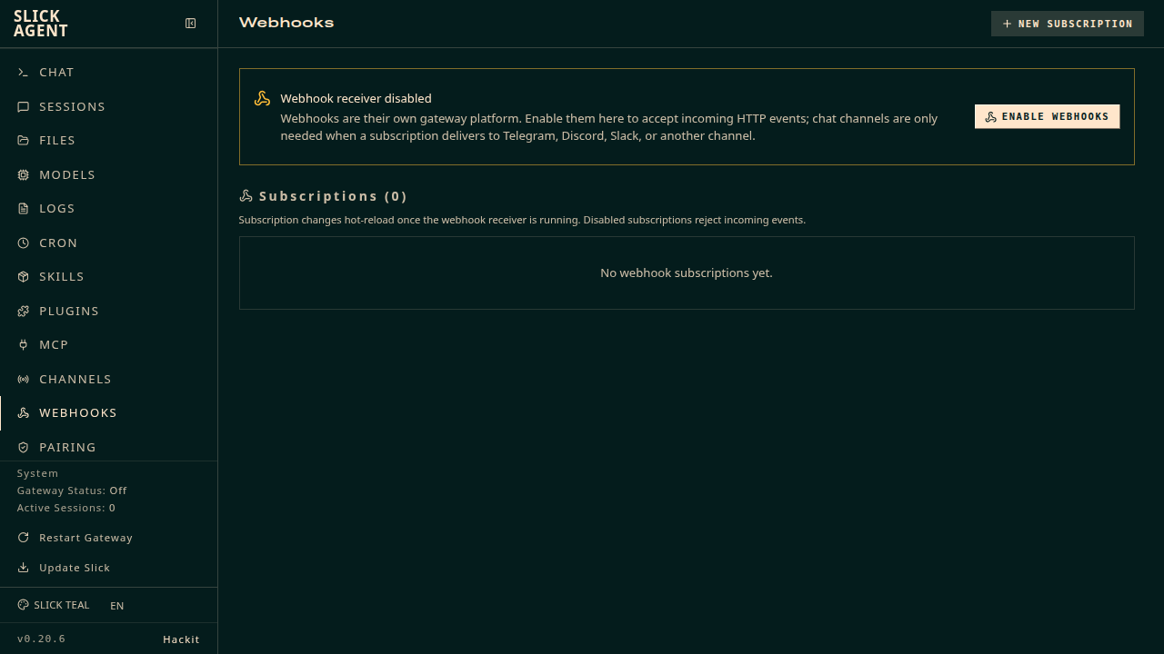 Webhooks admin page — subscriptions with enable/disable toggles
